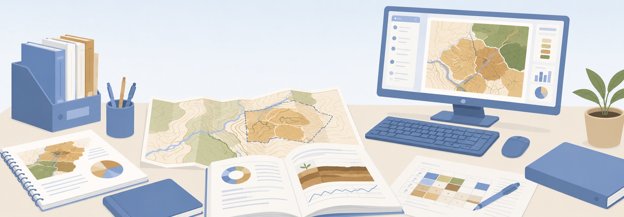 Bureau d'études avec cartes topographiques, rapports et interface SIG